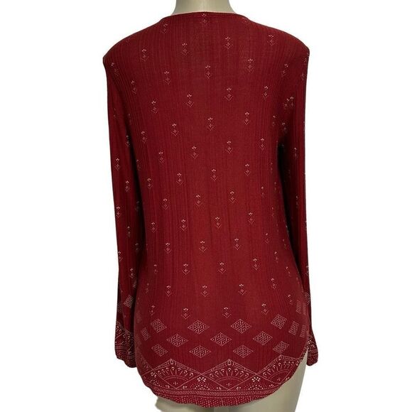 Lucky Brand Brick Red Top Women’s Large Long Sleeve Boho Blouse Tassel Popover - Picture 7 of 14